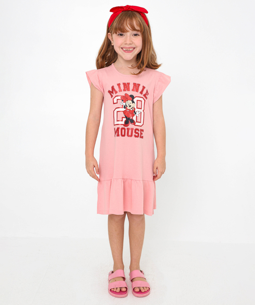 Vestido Infantil Minnie Babado Disney Tam 4 a 10 Rosa