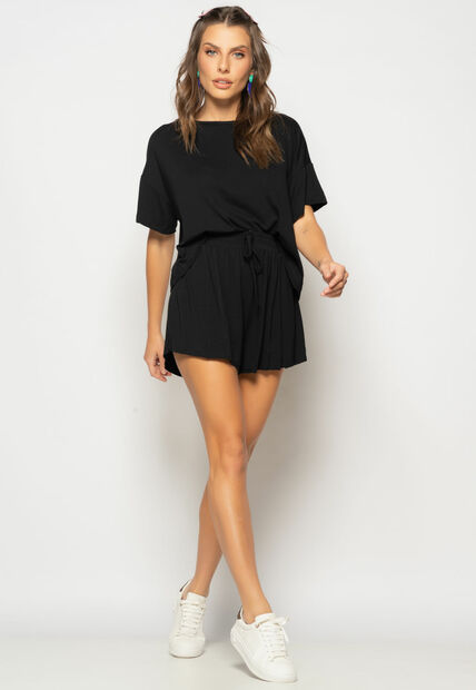 Conjunto Cropped Amplo Manga Curta e Short Malha Preto Salvatore