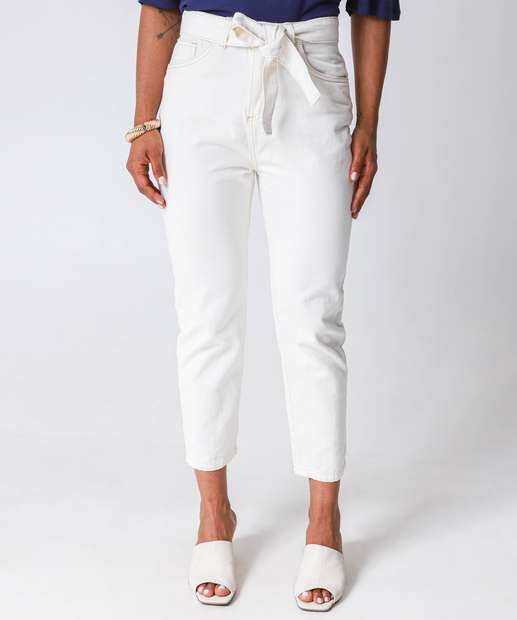 Calça Mom Sarja Clochard Cintura Alta Off White