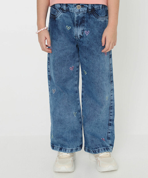 Calça Jeans Reta Infantil Bordado Coração Tam 4 a 10 Azul