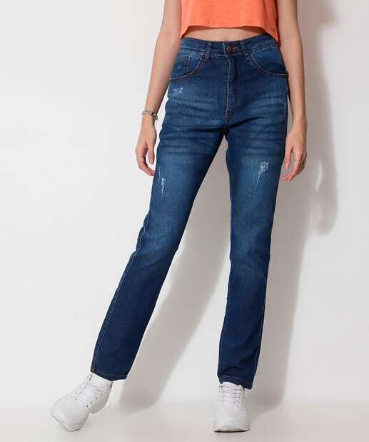 Image_Calça Jeans Puídos Reta Feminina Bolsos