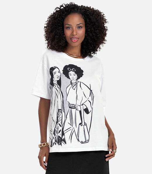Blusa T- Shirt Feminina com Estampa Metalizada Branco
