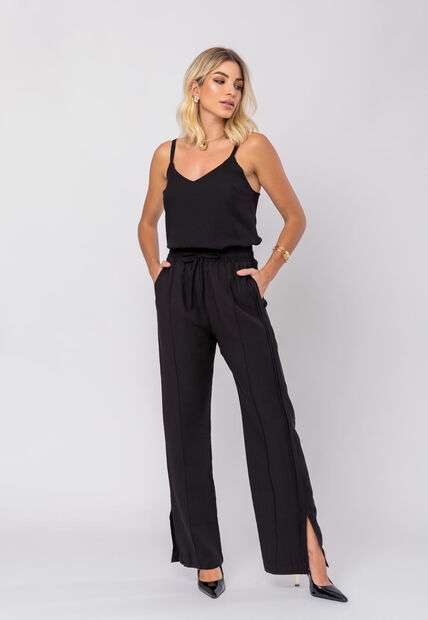 Conjunto Feminino Alfaiataria Regata E Calça Fenda Preto Salvatore