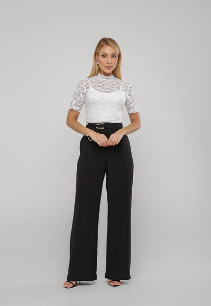 Blusa de Renda Gola Alta E Manga Curta Branco Salvatore