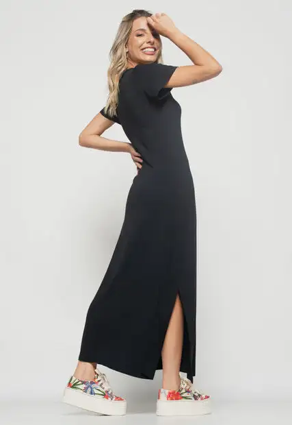 Vestido  Longo Manga Curta Malha Preto