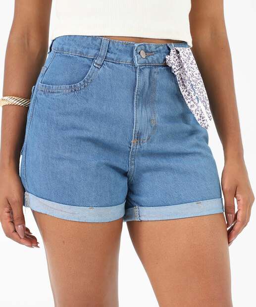 Short Jeans Feminino Lenço Barra Dobrada Azul