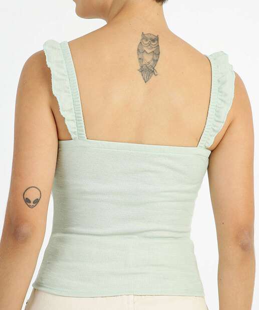 Blusa Regata Feminina Canelada Drapeada Alças Finas Babado