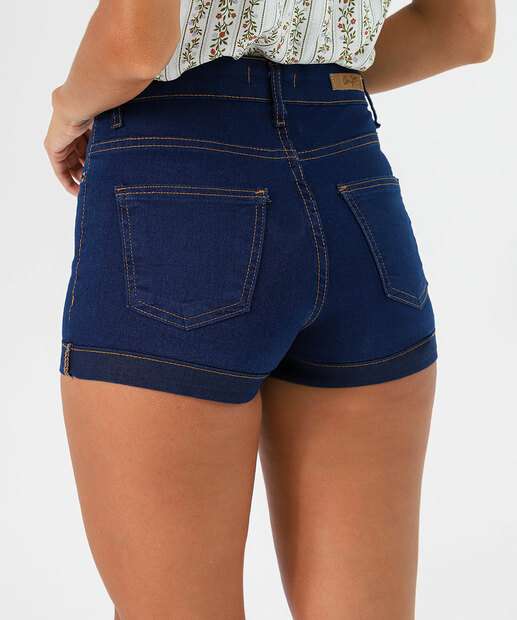 Short Feminino Jeans Barra Dobrado Bolsos Azul