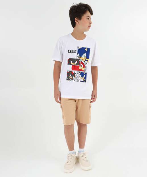 Camiseta Juvenil Estampa Sonic Tam 10 a 16 Off White