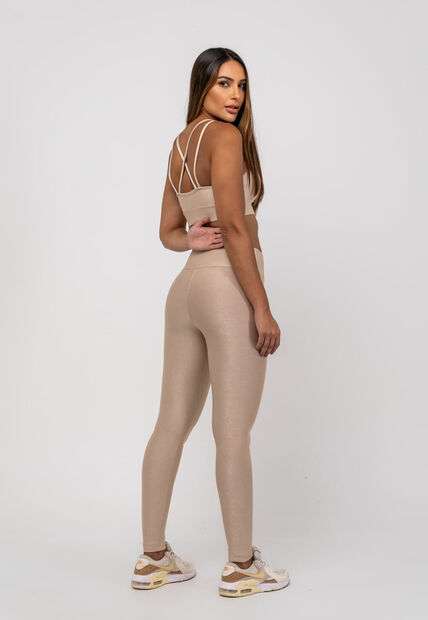 Calça Legging Suplex Canelada Brilho Básica Bege Salvatore Fashion