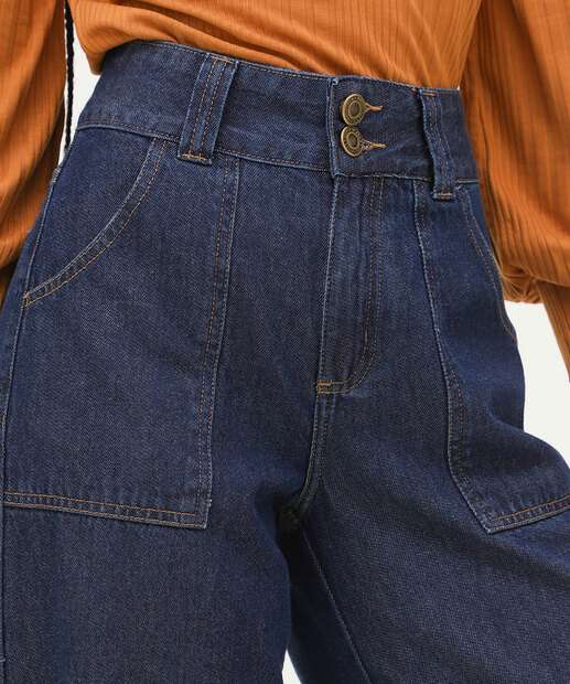 Calça Jeans Pantalona Feminina Bolsos Marisa