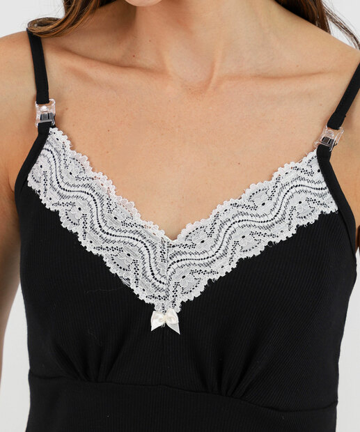 Camisola Gestante Canelado Recorte Renda Marisa Preto