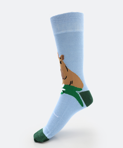 Meia Masculina Cano Longo Estampa Capivara MR Azul