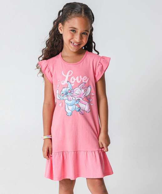 Vestido Infantil Stitch E Angel Disney Tam 4 a 10 Rosa