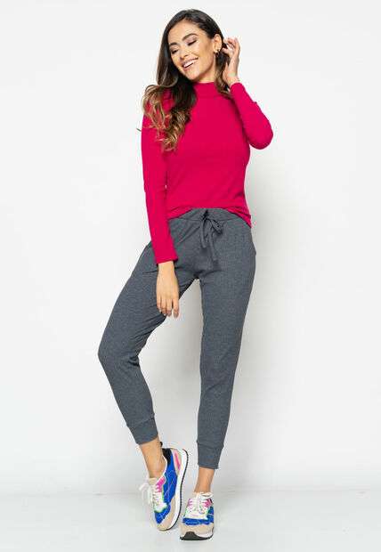 Blusa  Gola Alta Manga Longa Malha Canelada Rosa