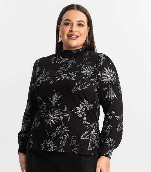 Blusa Manga Longa Feminina Plus Size Secret Glam Preto