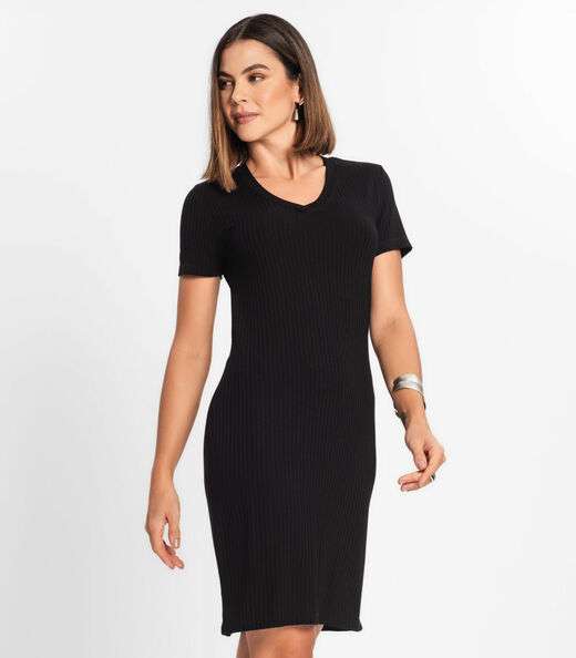 Vestido Feminino Em Ribana Canelada Rovitex Preto