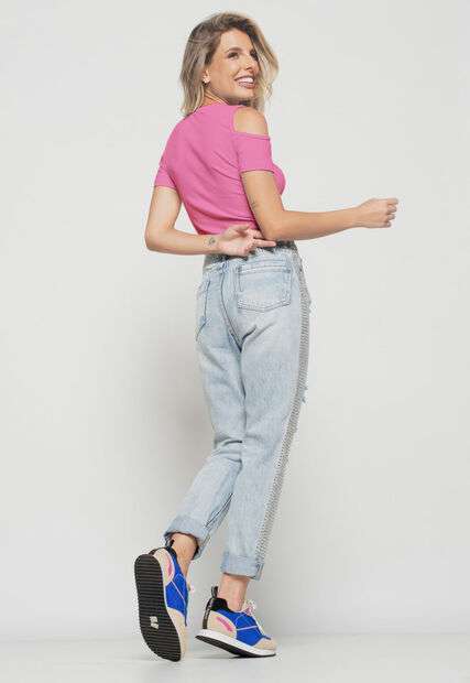 Blusa  Ombro Vazado Manga Curta Canelado Rosa