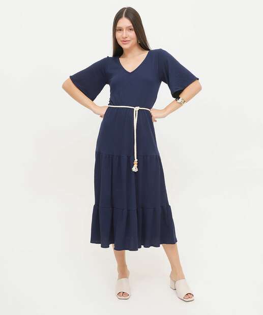 Vestido Midi Feminino Textura Amarração Marisa