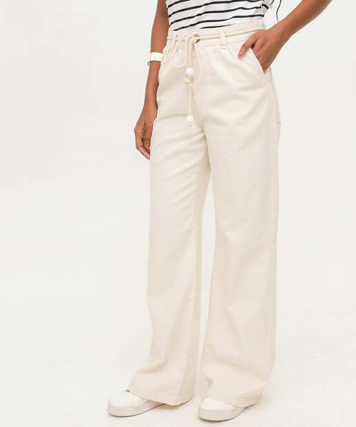 Calça Sarja Wide Leg Bolsos Feminina 