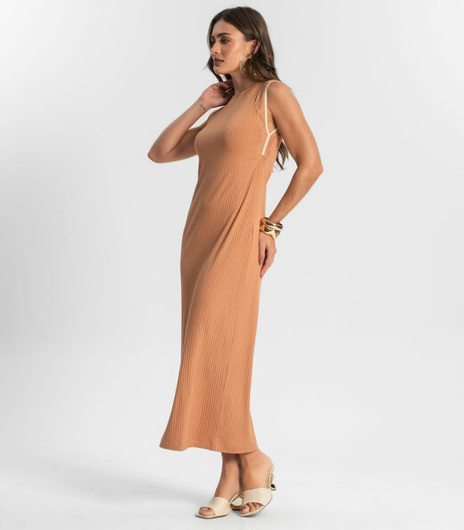 Vestido Midi Em Ribana Canelada Endless Marrom