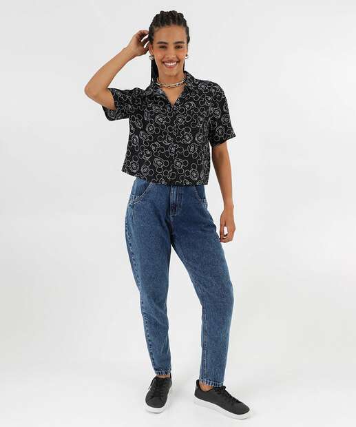 Camisa Cropped Feminina Mickey Manga Curta Disney Preto