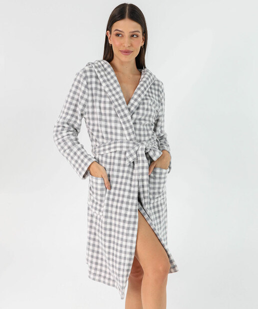 Roupão Feminino Xadrez com Amarração Marisa Cinza