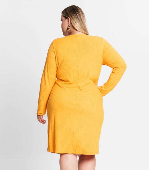 Vestido Plus Size Em Ribana Canelada Secret Glam Amarelo