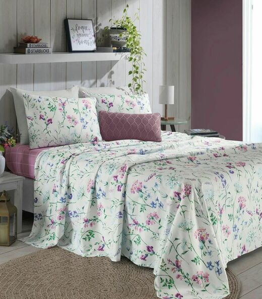 Jogo De Cama Solteiro Floral 200 Fios Lar e Lazer Bege