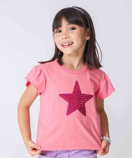 Blusa Infantil Babado Paetê Brinde Marisa Tam 4 a 10 Rosa