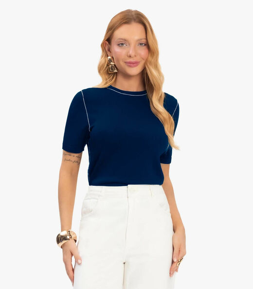 Blusa Feminina Tricot Com Detalhe Rovitex Azul