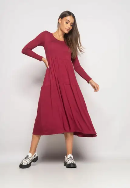 Vestido Midi Manga Longa Com Babado Malha Vinho Salvatore