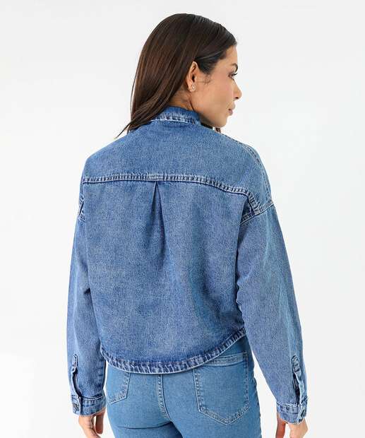 Camisa Feminina Bolso Manga Longa Sawary Azul