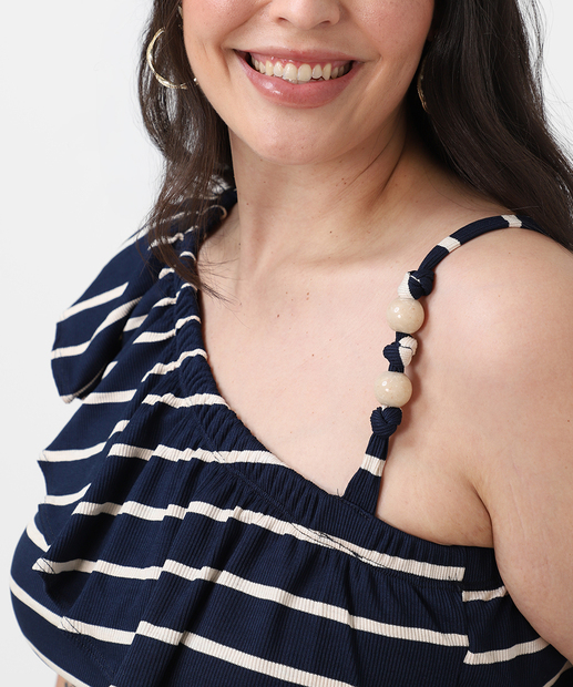Blusa Plus Size Feminina Listrada Babado Marisa Azul