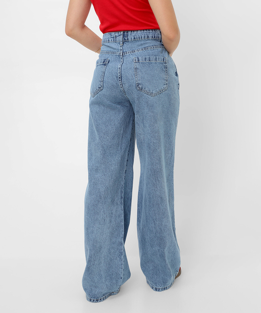 Calça Wide Leg Bordado Feminina Jeans Marisa Azul
