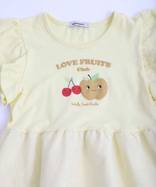 Vestido Infantil Frutas Tule Babado Marisa Tam 1 a 3 Amarelo