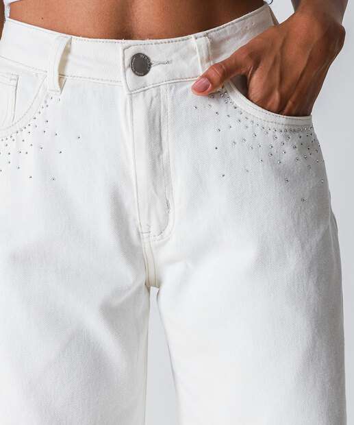 Calça Sarja Wide Leg Feminina Strass Off White