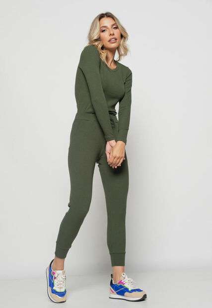 Blusa  Básica Manga Longa e Gola Redonda Canelada Verde