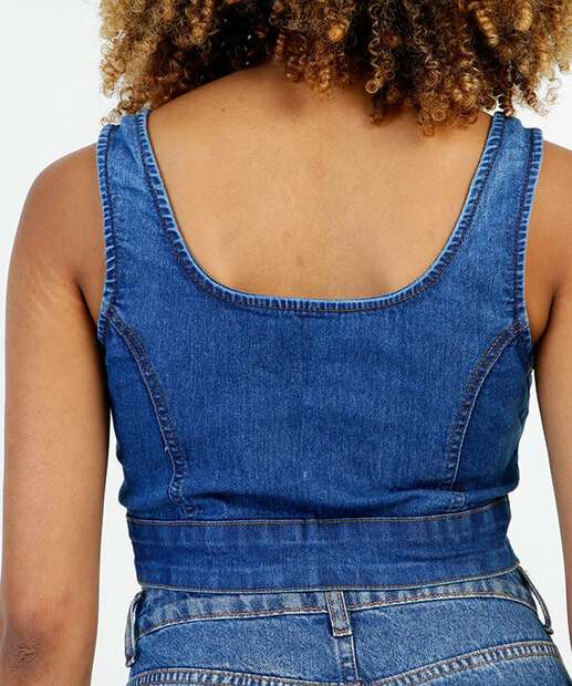 Blusa Cropped Feminina Jeans Botões Sem Manga 