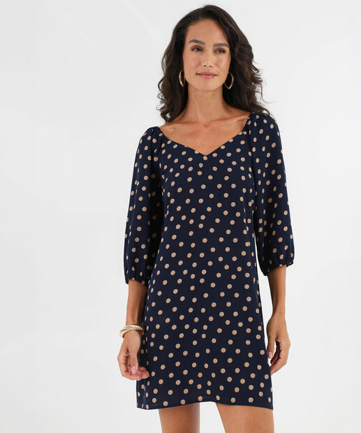 Vestido Feminino Curto Manga Borboleta Poá Marisa Azul