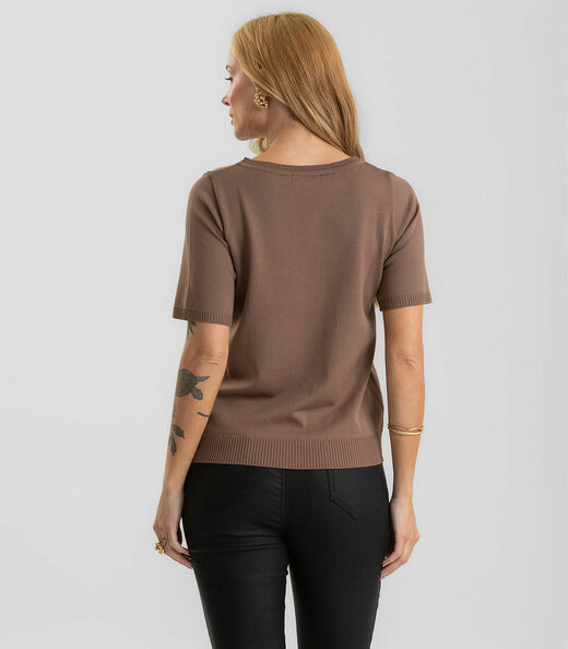 Blusa Feminina Manga Curta Lisa Em Tricot Dianna Marrom