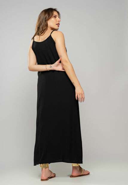 Vestido Longo Viscolinho Fenda Preto Salvatore Fashion