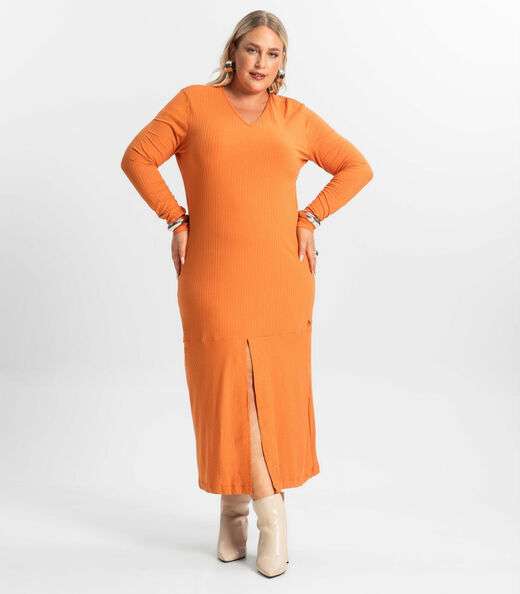 Vestido Midi Plus Size Manga Longa Secret Glam Laranja