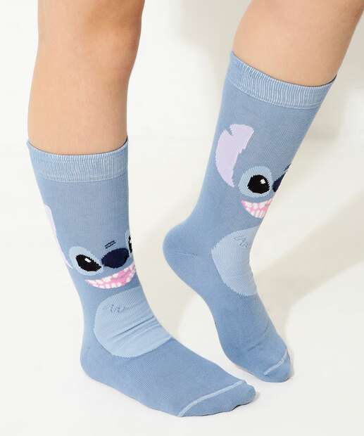 Kit 2 Pares Meias Cano Longo Feminina Stitch Disney