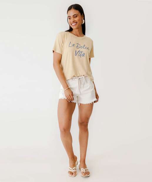 Short Feminino Sarja Barra Desfiada Cordão Bolsos