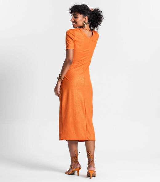 Vestido Midi Ribana Canelada Lurex Rovitex Laranja