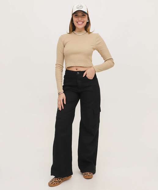 Image_Calça Sarja Wide Leg Bolsos Cargo Feminina 