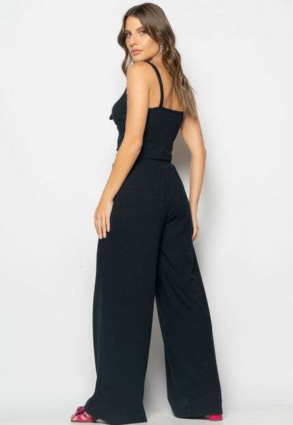 Conjunto Cropped Laço e Wide Leg Canelado Preto Salvatore