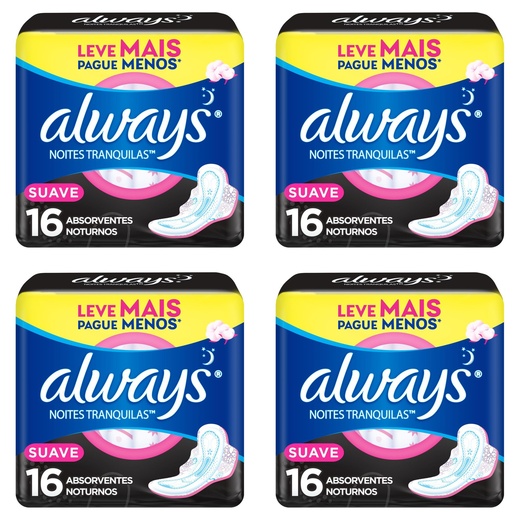 Image_Kit c/4 Absorventes Cobertura Suave Noturno Com Abas Always Simples 16 Unidades