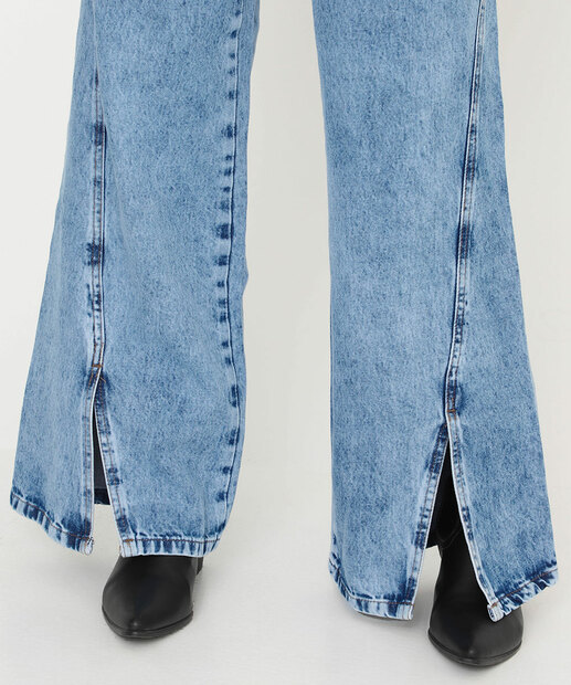 Calça Feminina Wide Leg Fenda Jeans Sawary Azul